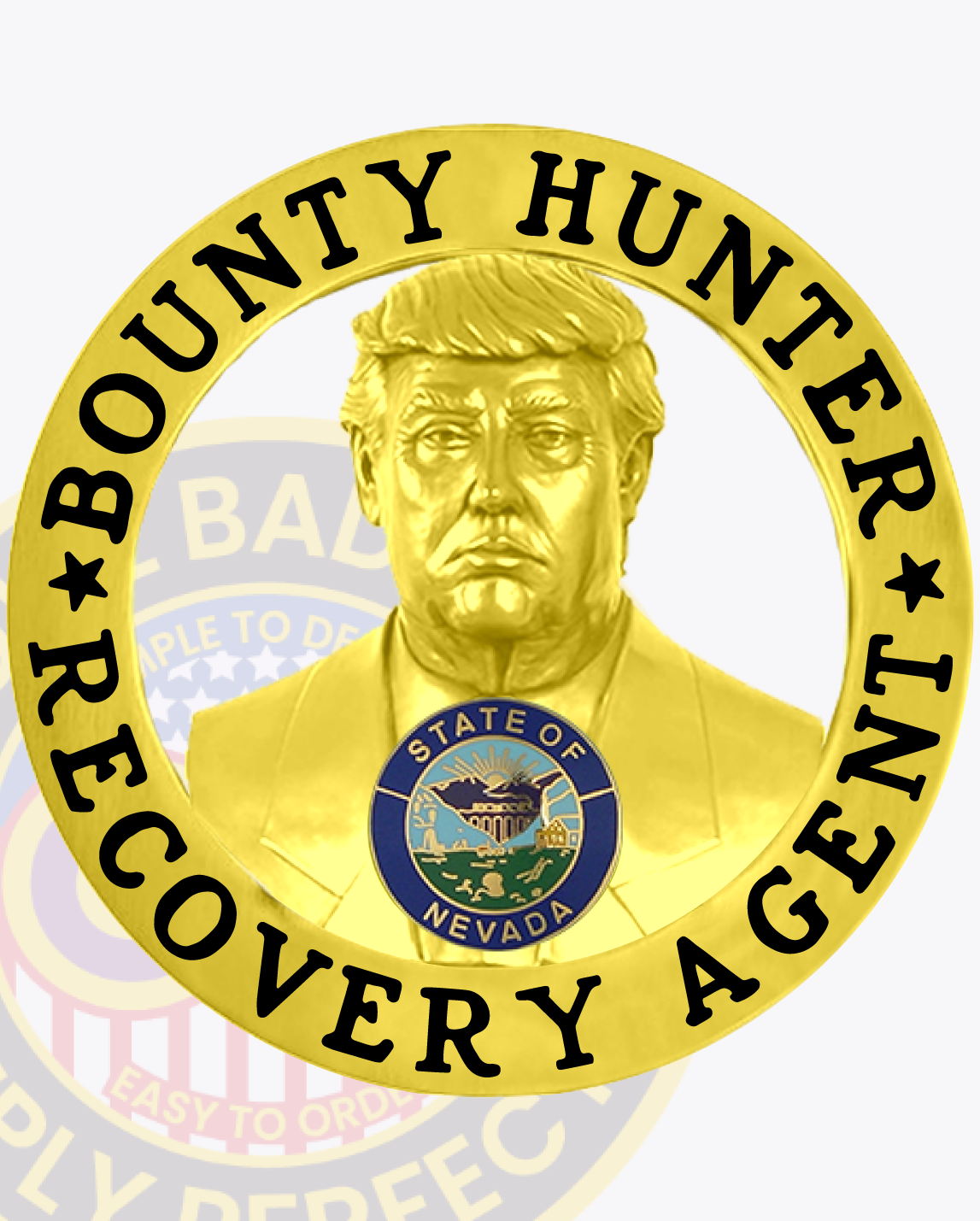 A detailed image of a custom metal badge in gold color with a safety pin attachment, highlighting "RECOVERY AGENT" and the Nevada state seal. This badge’s refined design showcases its importance as a distinguished accessory for professionals in bounty hunting.