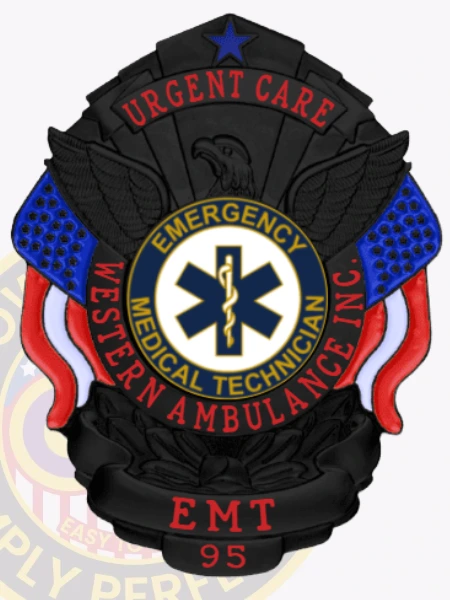 A striking custom metal badge in black color featuring the title "URGENT CARE" and the emblem for Emergency Medical Technicians, complete with a safety pin attachment for secure fastening.