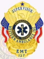 An intricately designed custom metal badge in gold color, displaying the words "EMERGENCY MEDICAL TECHNICIAN" and a safety pin attachment for reliable use by medical professionals.