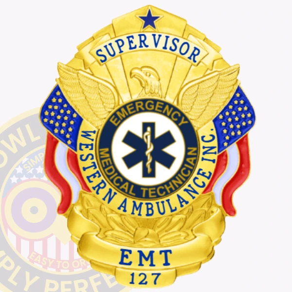 A vibrant custom metal badge in gold color adorned with stars and stripes, ideal for Emergency Medical Technicians, featuring a safety pin attachment for convenient display.