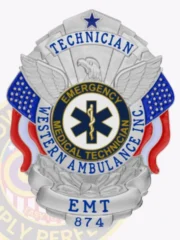 This elegant custom metal badge in silver color showcases the "WESTERN AMBULANCE INC." logo, designed for EMTs, complete with a safety pin attachment for easy fastening.