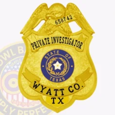An elegant custom metal badge in gold color with a safety pin attachment, featuring the bold text "private investigator. " the badge is adorned with an eagle design and the texas state seal, symbolizing expertise and commitment in investigative work.