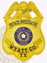 Close-up view of a custom metal badge in gold color with a safety pin attachment, showcasing "WYATT CO. TX" along with the unique identifier "658742." The intricate details include the Texas state seal, emphasizing authority and professionalism in private investigations.