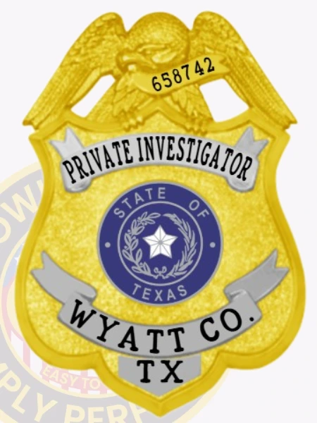An artistic portrayal of a custom metal badge in gold color with silver panels and a safety pin attachment, prominently featuring "PRIVATE INVESTIGATOR." The badge incorporates an eagle design and the Texas state seal, illustrating its significance as a distinguished accessory for investigators.