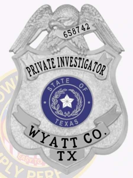 A sleek custom metal badge in silver color with a safety pin attachment, prominently featuring "PRIVATE INVESTIGATOR." The badge showcases an eagle emblem and the Texas state seal, reflecting its professional design and significance for investigators.