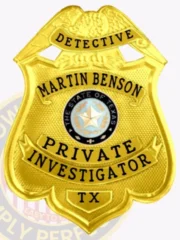 An artistic portrayal of a custom metal badge in gold color with a safety pin attachment, prominently featuring "DETECTIVE MARTIN BENSON." The badge showcases intricate details and the Texas state seal, illustrating its essential role for private investigators.