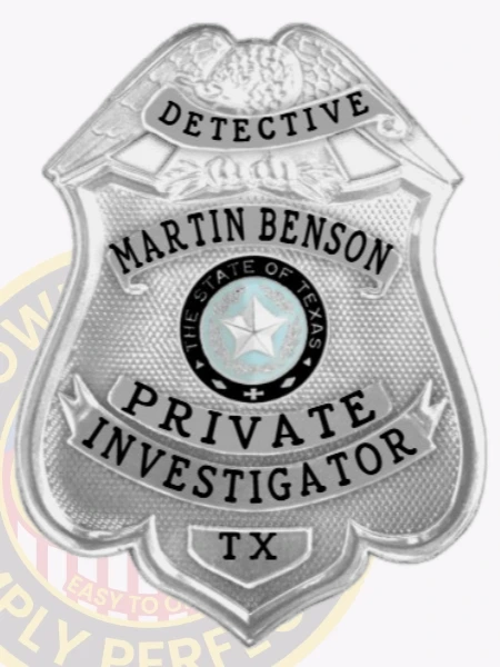 A detailed image of a custom metal badge in silver color with a safety pin attachment, highlighting "PRIVATE INVESTIGATOR" and the Texas state seal. This badge’s polished design reflects its importance as a distinguished accessory for investigators.