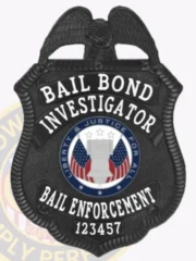 An elegant depiction of a custom metal badge in black color, showcasing a detailed shield shape adorned with the title “Bail Bond Investigator,” designed with a safety pin attachment for easy fastening to uniforms or clothing.