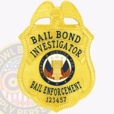 An engaging representation of a custom metal badge in gold color, exhibiting an elegant design featuring the name “bail bond investigator” and a central eagle emblem, crafted with a safety pin attachment for effortless integration into attire.