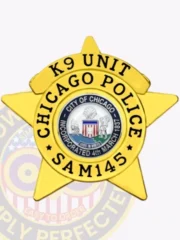 This elegant custom metal badge in gold color showcases a five-pointed star design with "K9 UNIT" and "CHICAGO POLICE" inscribed around the central emblem of Chicago. A safety pin attachment makes it practical for easy wear by police officers.