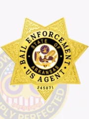A detailed view of a custom metal badge in gold color, highlighting its ornate star shape and prominent central design that features an emblem, featuring a reliable safety pin attachment for optimal security.