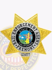 An elegant depiction of a custom metal badge in gold color, showcasing a five-pointed star shape adorned with intricate details, including a silver circle that features the wording “Bail Enforcement Agent” and “Fremont,” complete with a safety pin attachment for easy fastening.