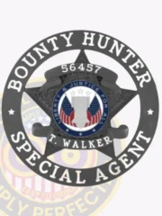 An elegant custom metal badge in black color with a safety pin attachment, featuring the text "BOUNTY HUNTER" around a star emblem. The badge represents integrity and service in the field of bounty hunting, with the name "T. WALKER" prominently displayed.