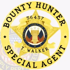 A gleaming custom metal badge in gold color with a safety pin attachment, prominently displaying "bounty hunter" and "special agent. " the badge features a detailed star design and the name "t. Walker," symbolizing authority and professionalism in bounty hunting.