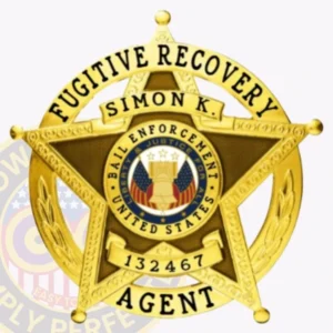 5 Point Star Fugitive Recovery Agent Badge, 6 Text Panels 6 A vibrant depiction of a custom metal badge in gold color, featuring a star shape with detailed engravings and the inscription “fugitive recovery” at the top, complete with a central emblem and a safety pin attachment for secure wear.