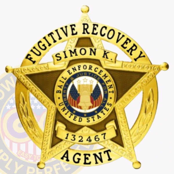 A vibrant depiction of a custom metal badge in gold color, featuring a star shape with detailed engravings and the inscription “Fugitive Recovery” at the top, complete with a central emblem and a safety pin attachment for secure wear.