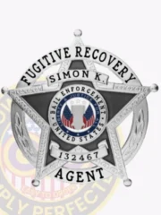 A detailed view of a custom metal badge in silver color, exhibiting an elegant star design with prominent text stating “Fugitive Recovery,” designed with a practical safety pin attachment for dependable use on uniforms.