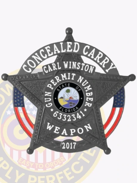 This image displays a detailed custom metal badge in black, featuring the inscription "WEAPON" at the bottom. The inclusion of a safety pin attachment provides a practical option for individuals looking to showcase their identification while maintaining professionalism.
