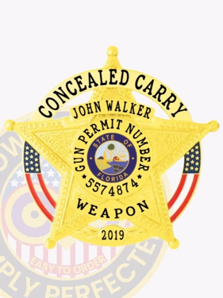This image displays a detailed custom metal badge in gold, featuring the inscription "WEAPON" at the bottom. The inclusion of a safety pin attachment provides a practical option for individuals looking to showcase their identification while maintaining professionalism.