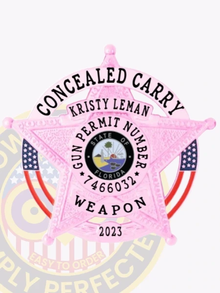 Presented is a custom metal badge in radiant pink, featuring the title "CONCEALED CARRY" and the central emblem of Florida. The safety pin attachment ensures secure wear, making it suitable for those who prioritize both functionality and style in their identification.