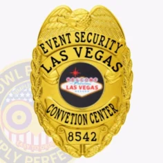 This elegant custom metal badge in gold color showcases the inscription "event security las vegas" in bold lettering, highlighted by a central emblem welcoming visitors to las vegas. The badge also displays the identifier 8542 and features a safety pin attachment for easy wear.