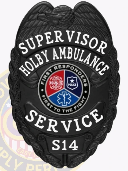 This striking custom metal badge in black color showcases the "FIRST RESPONDERS" emblem and the designation "SERVICE," designed for paramedics, complete with a safety pin attachment for reliable fastening.