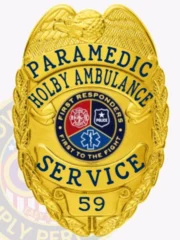 A polished custom metal badge in gold color displaying the complete title and emblem for emergency services, designed for easy display with a safety pin attachment for reliable use.