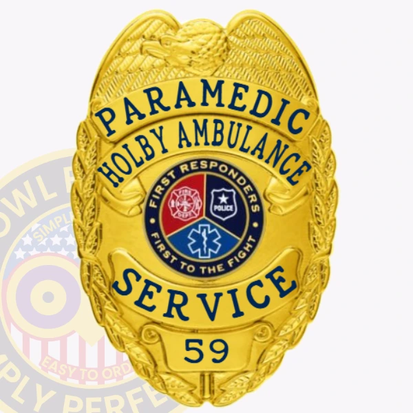A detailed custom metal badge in gold color adorned with an eagle motif and featuring the designation "SERVICE 59," ideal for paramedics, equipped with a safety pin attachment for easy wear.