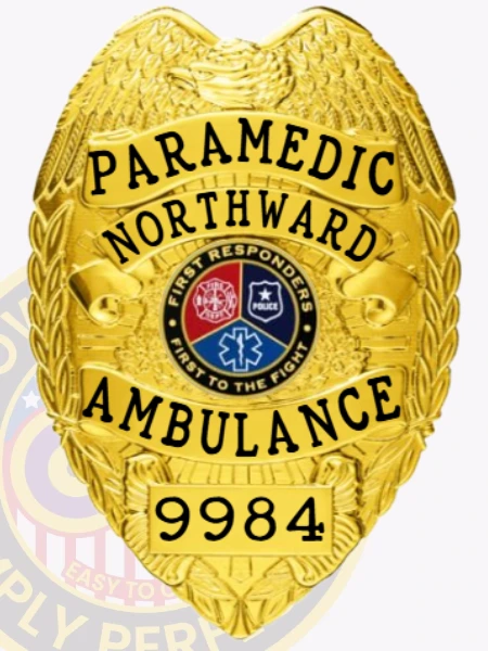 A detailed custom metal badge in gold color adorned with an eagle motif and featuring the complete title and service number, ideal for paramedics, equipped with a safety pin attachment for easy wear.