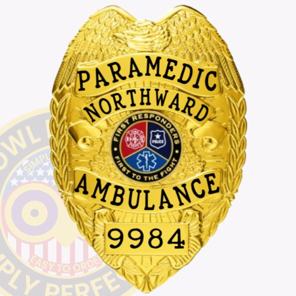 An intricately crafted custom metal badge in gold color highlighting the motto "FIRST TO THE FIGHT," perfect for medical professionals, featuring a safety pin attachment for dependable use.