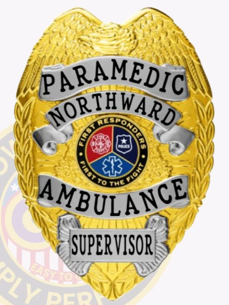 A polished custom metal badge in gold color displaying the full title and emblem for emergency services with eye-catching silver panels, designed for easy display with a safety pin attachment for reliable use.
