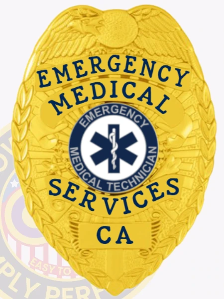 A polished custom metal badge in gold color equipped with a safety pin attachment, featuring "EMERGENCY MEDICAL SERVICES" prominently at the top. The badge displays a central emblem representing emergency medical technicians, ensuring clear identification for first responders.