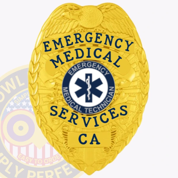 This custom metal badge in gold color with a safety pin attachment showcases "EMERGENCY MEDICAL SERVICES" in bold lettering. The design includes a prominent star of life emblem, highlighting the role of emergency medical technicians in California's healthcare system.