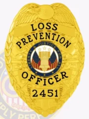 This elegant custom metal badge in gold color showcases the inscription "LOSS PREVENTION OFFICER" in bold lettering, highlighted by a central emblem that represents justice and protection. The badge also displays the identifier 2451 and features a safety pin attachment for easy wear.
