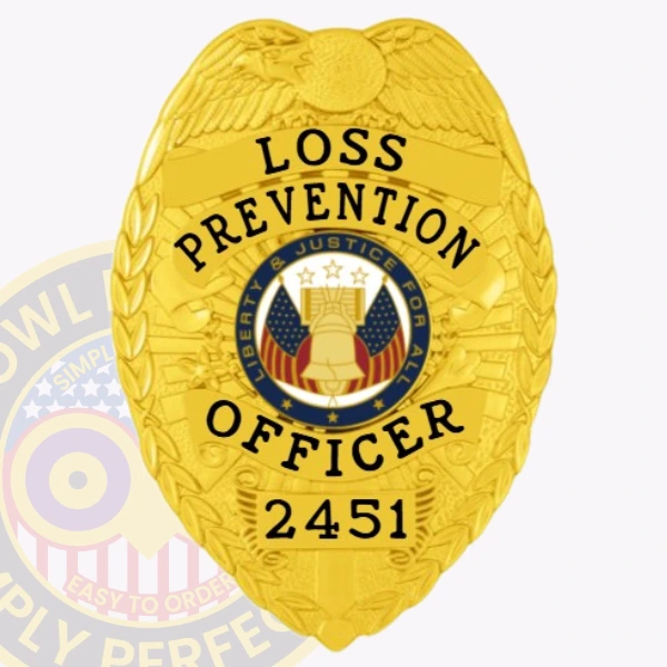 A vibrant custom metal badge in gold color featuring the title "LOSS PREVENTION OFFICER" prominently displayed. This badge includes an emblem at the center with the words "Liberty & Justice for All," surrounded by decorative elements. A unique identification number, 2451, is featured below. The badge is equipped with a safety pin attachment for secure fastening.