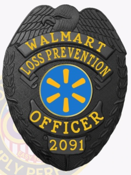 Featuring a custom metal badge in black color, this design highlights the title "WALMART LOSS PREVENTION OFFICER" along with a decorative blue emblem at the center. The badge displays the identifier 2091 and is equipped with a safety pin attachment for convenient wear, making it ideal for official use.