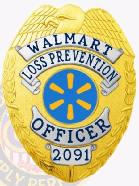 This elegant custom metal badge in gold color showcases silver panels and the inscription "WALMART LOSS PREVENTION OFFICER" in bold lettering, highlighted by a circular blue emblem in the center. The badge also displays the identifier 2091 and features a safety pin attachment for easy wear.