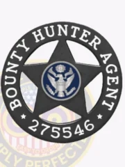 An artistic portrayal of a custom metal badge in black color with a safety pin attachment, prominently featuring "BOUNTY HUNTER AGENT." The badge incorporates intricate details, including the eagle and star, illustrating its essential role for bounty hunters.