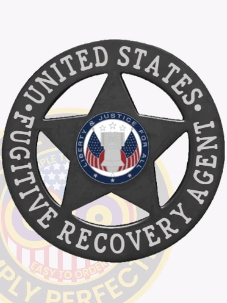 An engaging representation of a custom metal badge in black color, emphasizing its elegant star shape and intricate details, featuring the wording “Fugitive Recovery Agent” and a safety pin attachment for effortless integration into attire.