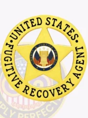 An eye-catching image of a custom metal badge in gold color, showcasing a star design prominently displaying the words “Fugitive Recovery Agent” and “United States,” equipped with a safety pin attachment for easy fastening to clothing.