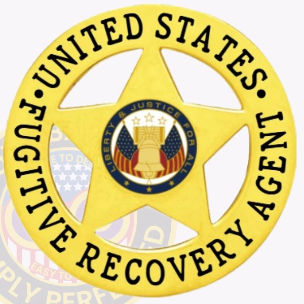 A striking visual of a custom metal badge in gold color, highlighting its distinctive star shape and detailed engravings, including the phrase “Fugitive Recovery Agent,” featuring a reliable safety pin attachment for optimal security.
