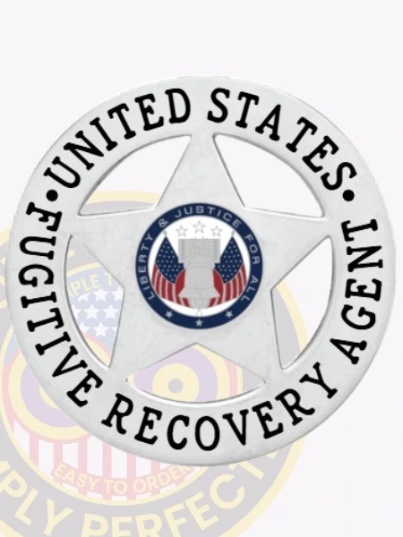 A detailed view of a custom metal badge in silver color, exhibiting a bold star design with the wording “United States” and “Fugitive Recovery Agent,” designed with a practical safety pin attachment for dependable use on clothing.