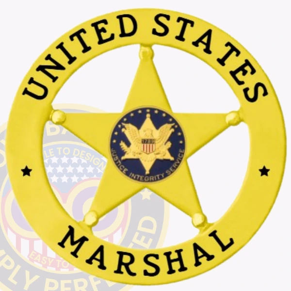 A striking custom metal badge in gold color displaying the full title and emblem for U.S. marshals, designed for easy display with a safety pin attachment for reliable use.