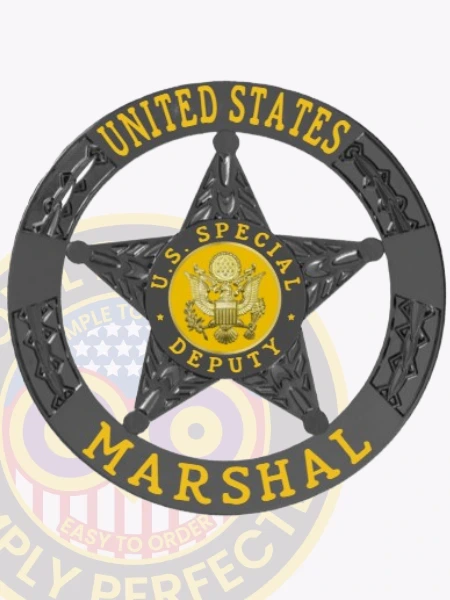 An intricately crafted custom metal badge in black color highlighting the star emblem and federal insignia, perfect for special deputies, featuring a safety pin attachment for dependable use.
