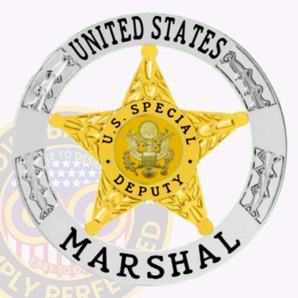 A vibrant custom metal badge in silver color displaying the complete title and gold star emblem for U.S. marshals, designed for easy display with a safety pin attachment for reliable use.