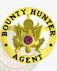 Vintage 5 Point Star Shield With Eagle Center, Rounded Star Points, 2 Text Panels, In Circle Banner Badge 5 Close-up view of a custom metal badge in gold color with a safety pin attachment, showcasing "bail enforcement" and "agent. " the badge's detailed craftsmanship highlights the eagle and patriotic elements, emphasizing its significance for law enforcement professionals.