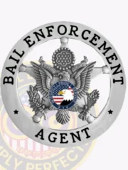 An artistic portrayal of a custom metal badge in silver color with a safety pin attachment, prominently featuring "BAIL ENFORCEMENT AGENT." The badge incorporates an eagle design and intricate details, illustrating its essential role for bail enforcement agents.
