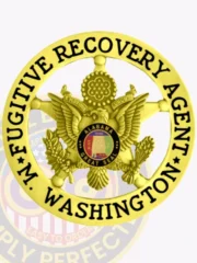 A striking visual of a custom metal badge in gold color, highlighting its detailed eagle motifs and the title “Fugitive Recovery Agent,” featuring a reliable safety pin attachment for secure fastening to uniforms or clothing.