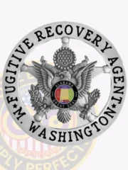 An artistic representation of a custom metal badge in silver color, showcasing the emblem of a majestic eagle and the phrase “Fugitive Recovery Agent” encircling the badge, equipped with a safety pin attachment for easy wear.