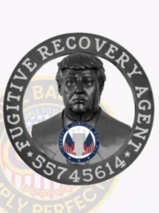 A striking custom metal badge in black color with a safety pin attachment, prominently featuring a bust of Donald Trump. The badge displays "FUGITIVE RECOVERY AGENT" and the identifier "55745614," symbolizing authority and professionalism in fugitive recovery.